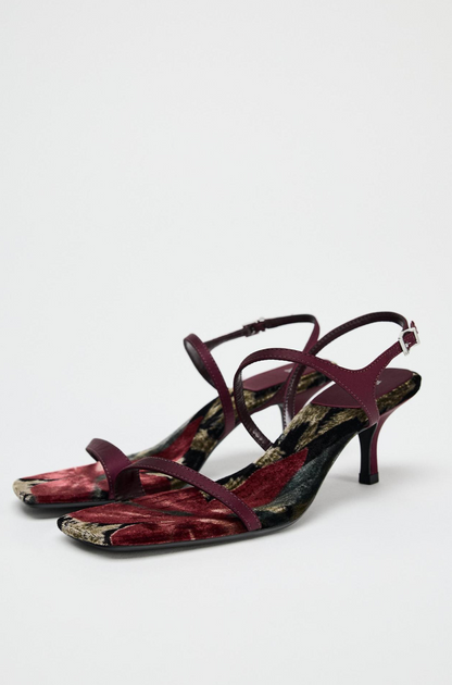 VELVET PRINT HEELED SANDALS