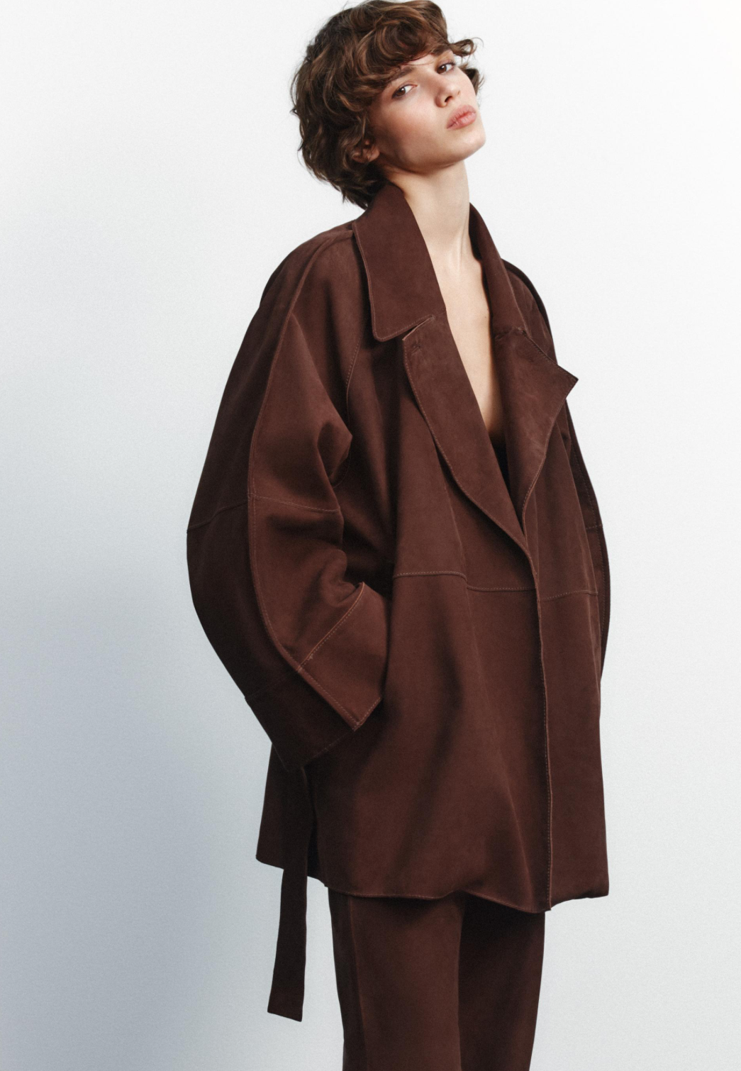 OVERSIZE SHORT SUEDE LEATHER TRENCH COAT